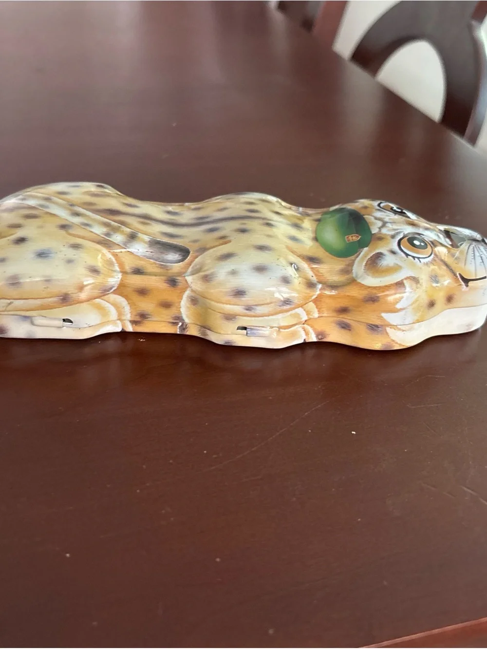 Vintage Cheetah Hinged Trinket Box Green Beret Figural Keepsake Jewelry Box